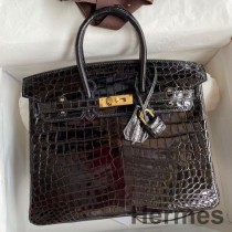 Hermes Birkin 25 Handgjord väska i svart krokodil Niloticus glänsande hud