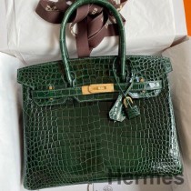 Hermes Birkin 30 Handgjord väska i grön krokodil Porosus glänsande hud
