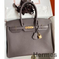 Hermes Birkin 35 Retourne Handgjord väska i Etain Epsom kalvskinn