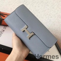 Hermes Constance Lång Plånbok I Blått Lin Epsom Läder