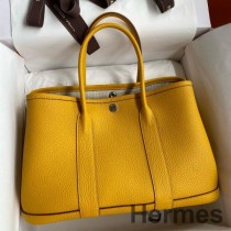 Hermes Garden Party 30 Handgjord väska i Jaune Ambre Clemence-läder