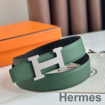 Hermes H Guillochee vändbart bälte 32MM i grönt och svart Epsom kalvskinn