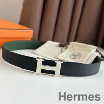 Hermes H vändbart bälte 32MM i svart och grönt Epsom-läder