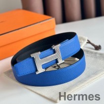 Hermes H Striee vändbart bälte 32MM i blått och svart Epsom kalvskinn