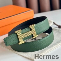 Hermes H Striee vändbart bälte 32MM i grönt och svart Epsom kalvskinn