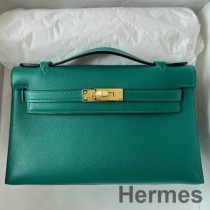 Hermes Kelly Pochette Handgjord väska i Malakit Swift Kalvskinn