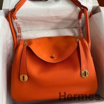 Hermes Lindy 30 Handgjord väska i orange Clemence-läder