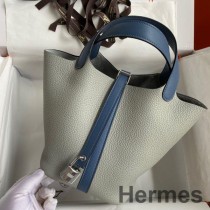 Hermes Picotin Lock 18 Bicolor Handgjord väska i Gris Mouette och Blue Agate Swift-läder
