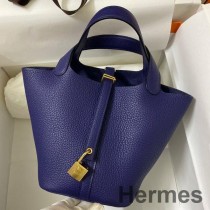 Hermes Picotin Lock 18 Handgjord väska i blått Encre Clemence-läder