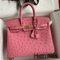 Borsa Hermes Birkin 25 Retourne fatta a mano in pelle di struzzo rosa
