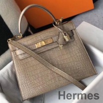 Borsa Hermes Kelly fatta a mano da 25 cm in pelle di coccodrillo goffrata tortora