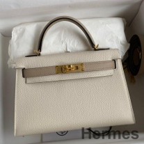 Borsa Hermes Kelly Mini II Sellier bicolore fatta a mano in pelle di vitello Craie e Trench Epsom