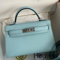 Borsa Hermes Kelly Mini II Sellier fatta a mano in pelle di vitello Epsom Zephyr blu