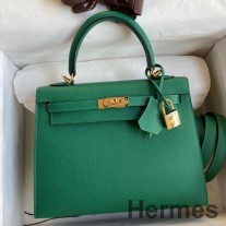 Borsa Hermes Kelly Sellier 25 fatta a mano in pelle di vitello Epsom Vert Vertigo