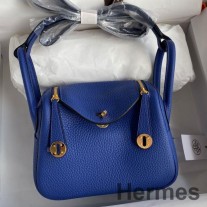 Borsa Hermes Mini Lindy fatta a mano in pelle Clemence Blu Elettrico