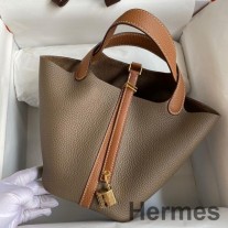 Borsa Hermes Picotin Lock 18 bicolore fatta a mano in pelle Clemence color tortora e oro