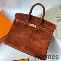 Borsa Hermes Birkin 25 Retourne fatta a mano in pelle scamosciata marrone Doblis
