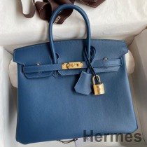 Borsa Hermes Birkin 25 Retourne fatta a mano in pelle di vitello Swift blu intenso