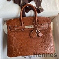 Borsa Hermes Birkin 25 Retourne fatta a mano in pelle di alligatore dorata opaca