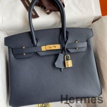 Borsa Hermes Birkin 30 Retourne fatta a mano in pelle di vitello Epsom Blu Nuit