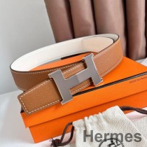 Cintura reversibile Hermes Constance 38MM in pelle di vitello Epsom color oro e bianco