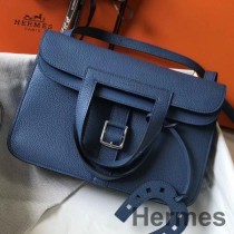 Borsa Hermes Halzan 31 cm in pelle Clemence agata blu