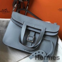 Borsa Hermes Halzan 31 cm in pelle blu Lin Clemence