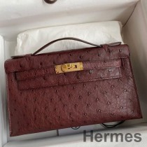 Borsa Hermes Kelly Pochette Fatta A Mano In Pelle Di Struzzo Bordeaux