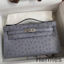 Borsa Hermes Kelly Pochette fatta a mano in pelle di struzzo grigio agata