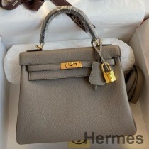 Borsa Hermes Kelly Retourne 25 fatta a mano in pelle Gris Meyer Clemence