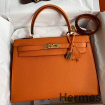 Borsa Hermes Kelly Sellier 32 fatta a mano in pelle di vitello Epsom arancione