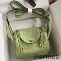 Borsa Hermes Mini Lindy fatta a mano in pelle di struzzo Vert Criquet