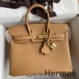 Borsa Hermes Birkin 25 Retourne fatta a mano in pelle di vitello Epsom biscotto