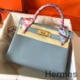 Borsa Hermes Kelly Retourne 28 fatta a mano in pelle blu Lin Clemence