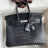 Bolsa Hermes Birkin 25 em pele de crocodilo de jacaré preta fosca