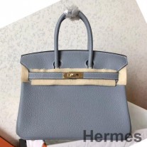 Bolsa Hermes Birkin 25 feita à mão em couro azul Lin Clemence