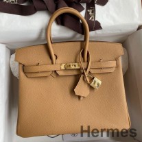 Bolsa Hermes Birkin 25 Retourne feita à mão em couro de bezerro Biscuit Epsom