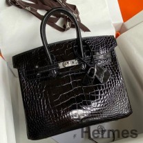 Bolsa Hermes Birkin 25 Retourne feita à mão em couro de crocodilo preto brilhante