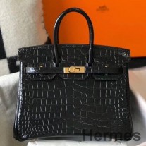 Bolsa Hermes Birkin 25cm em couro de crocodilo preto em relevo