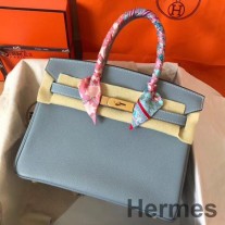 Bolsa Hermes Birkin 30 feita à mão em couro azul Lin Clemence