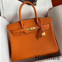 Bolsa Hermes Birkin 35 Retourne feita à mão em couro laranja Clemence
