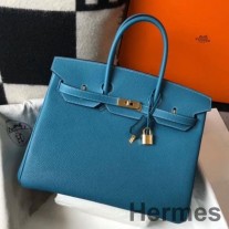Bolsa Hermes Birkin 35cm em couro azul Jean Clemence GHW