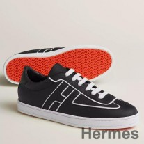 Tênis Hermes Boomerang em couro de bezerro Noir Epsom