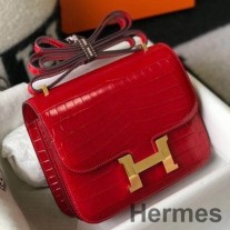 Bolsa feita à mão Hermes Constance 18 em crocodilo vermelho em relevo