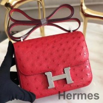 Bolsa Hermes Constance 18 feita à mão em couro de avestruz vermelho