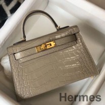 Bolsa Hermes Kelly Mini II em couro de crocodilo cinza em relevo