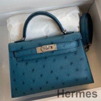 Bolsa Hermes Kelly Mini II Sellier feita à mão em couro de avestruz Colvert