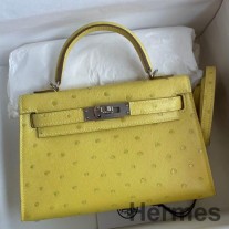 Bolsa Hermes Kelly Mini II Sellier feita à mão em couro de avestruz limão