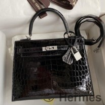 Bolsa Hermes Kelly Sellier 25 Diamond em pele brilhante de crocodilo preto Niloticus