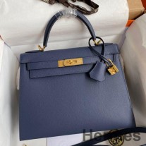 Bolsa Hermes Kelly Sellier 28 feita à mão em couro de bezerro azul Saphir Epsom